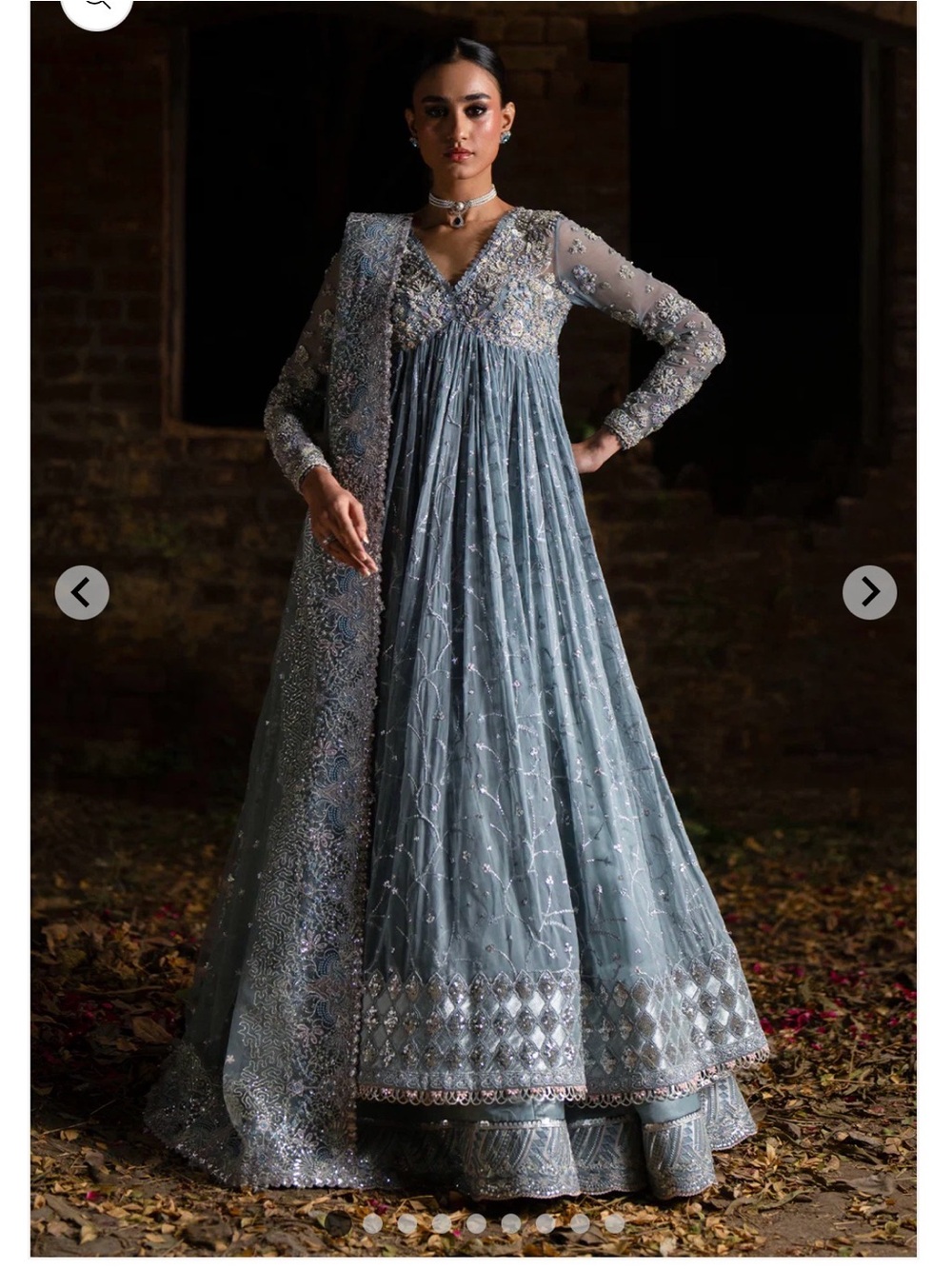 Embellished Grey-Blue Maxi Dress with Sheer Sleeves